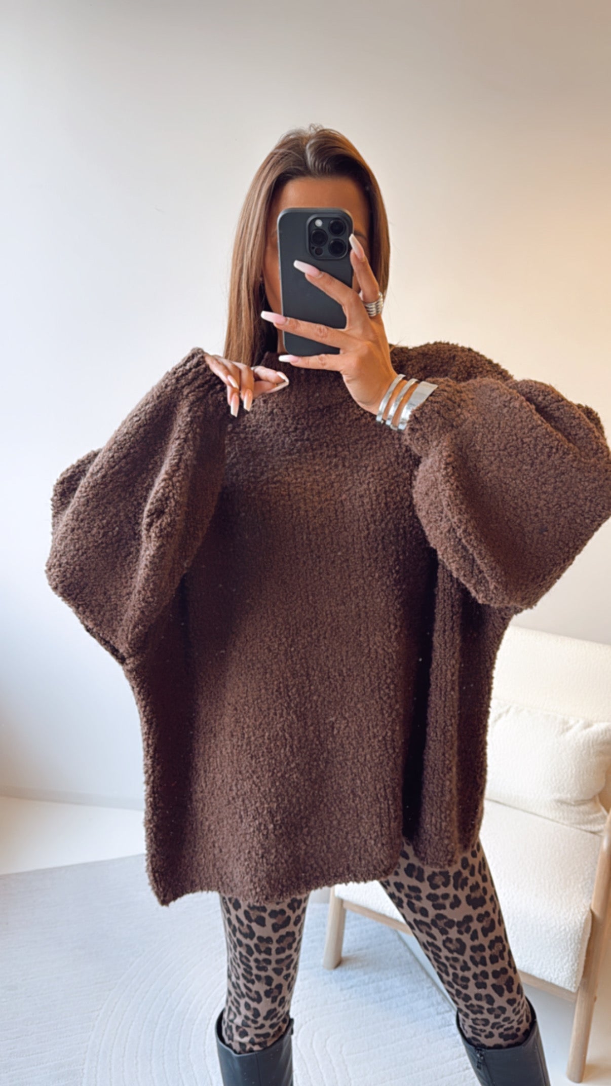 TEDDY Oversize-Pullover, Stehkragen / dunkelbraun Art. 8103